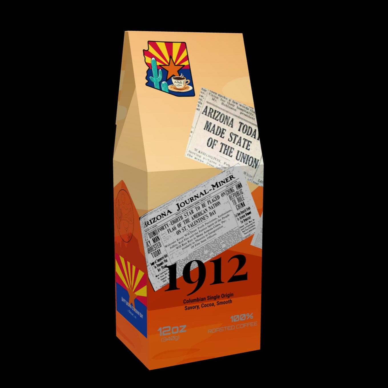 Columbian Single Origin coffee 1912, savory cacao smooth taste packaging.