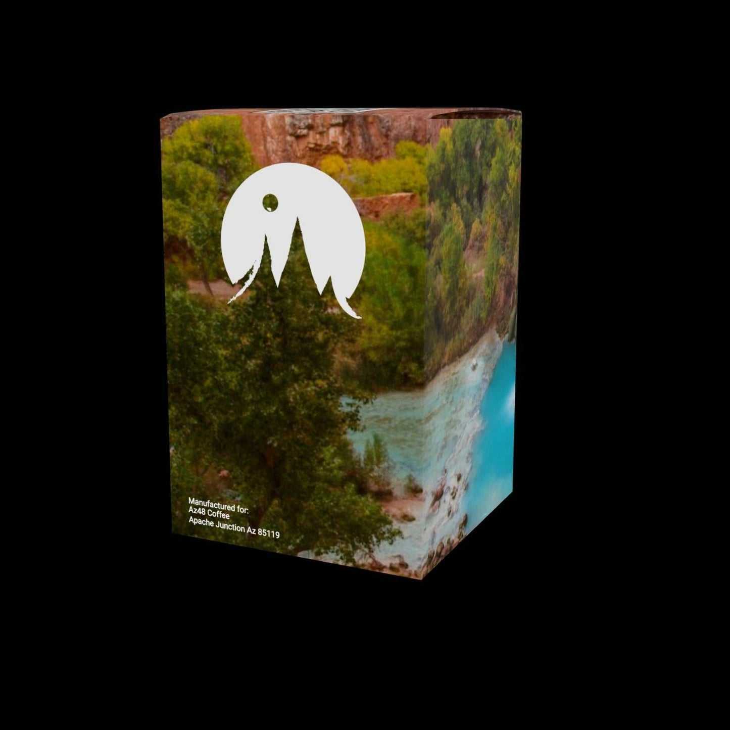 Coffee pods box with Havasu Falls image, offers smooth velvety bold brew with caramelized sugar notes, compatible with Keurig machines.