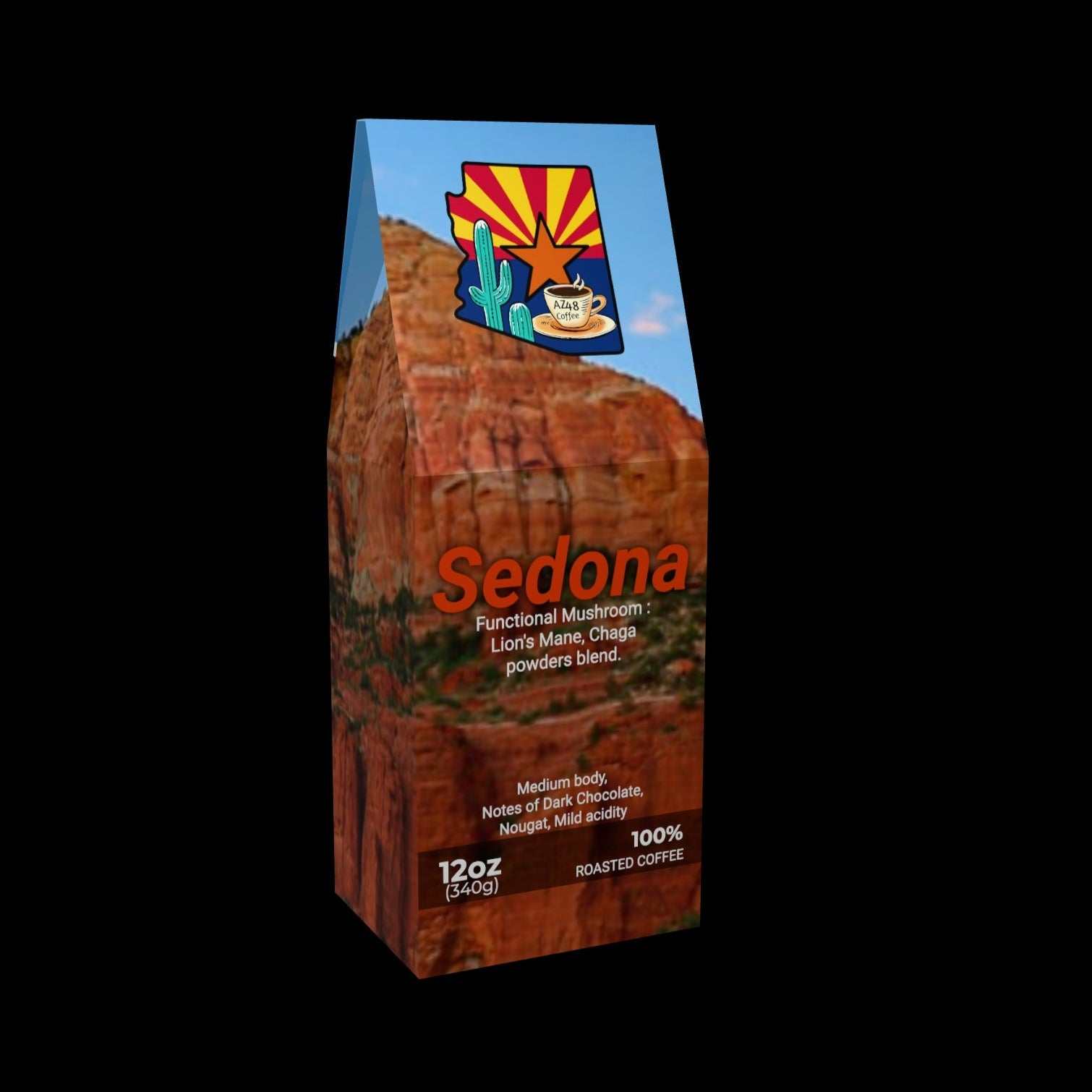 Sedona Medium Mushroom Blend Coffee with Dark Chocolate and Nougat Notes.