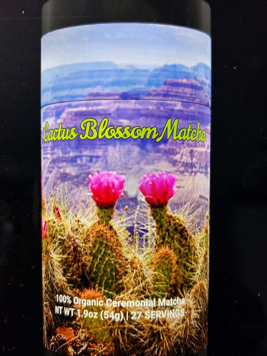 Cactus Bloom Matcha organic ceremonial green tea with blooming cactus design and mountain background